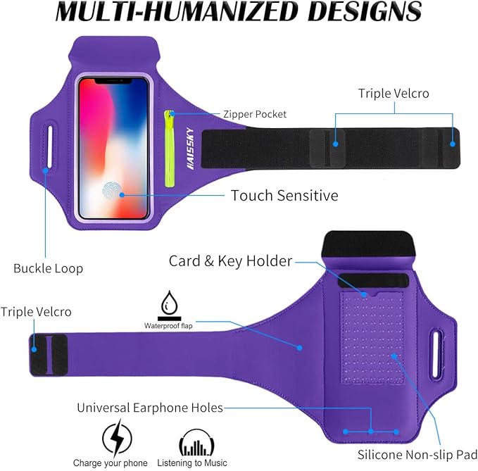 HAISSKY Cell Phone Running Armband with Airpods Zipper Pocket Armband Case Running Holder for iPhone 16/15/ 14/13 / 12 /11Pro Max,Galaxy S20 S10,Sweatproof Arm Band with Card/Key Bag-StrideForce Fitness