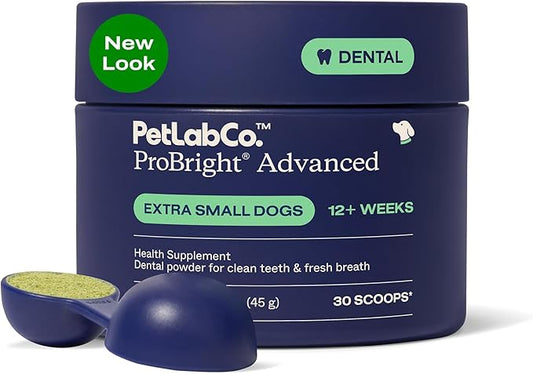 PetLab Co. ProBright Advanced Dental Powder - Dog Breath Freshener - Teeth Cleaning Made Easy – Targets Tartar & Bad Breath - Packaging May Vary - Formulated for Extra Small Dogs