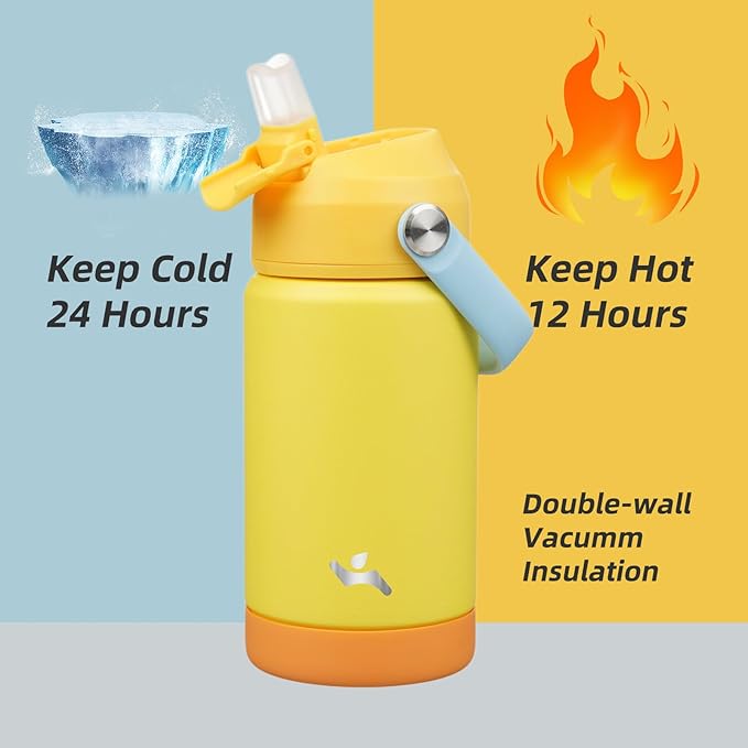 Insulated Water Bottle with Straw Lid,12 oz Stainless Steel Vacuum Metal Bottle with Silicone Handle,Yellow-StrideForce Fitness