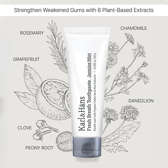 Karl&Hans Fresh Breath Jasmine Mint Toothpaste with Fluoride – Bad Breath Removal, Cooling Jasmine Mint Freshness, Cavity Protection, Whitening & Stain Removal, 4.23 fl oz