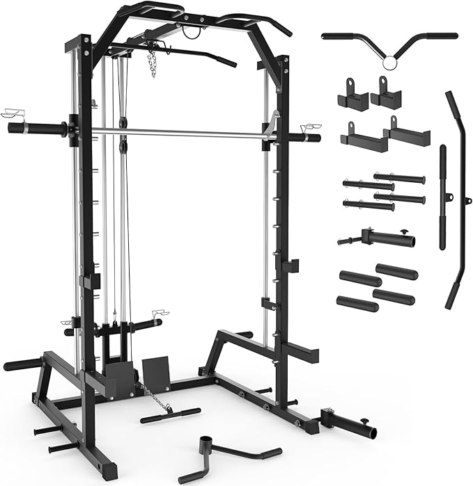 Smith Machine, Power Rack with LAT Pulldown System, Power Cage with Cable System, Squat Rack for Home Gym with Chest Press Machine, Spotter Arms, Leg Curl Attachment and More-StrideForce Fitness