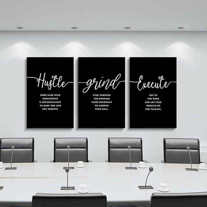 Hustle Grand Slogan Poster,Gift for Boss, Present for Father, Framed Canvas Wall Art Success Quote, Office Wall Art, Black Large Poster, Inspirational Print (F-3pcs,16x24inchx3pcs)-StrideForce Fitness