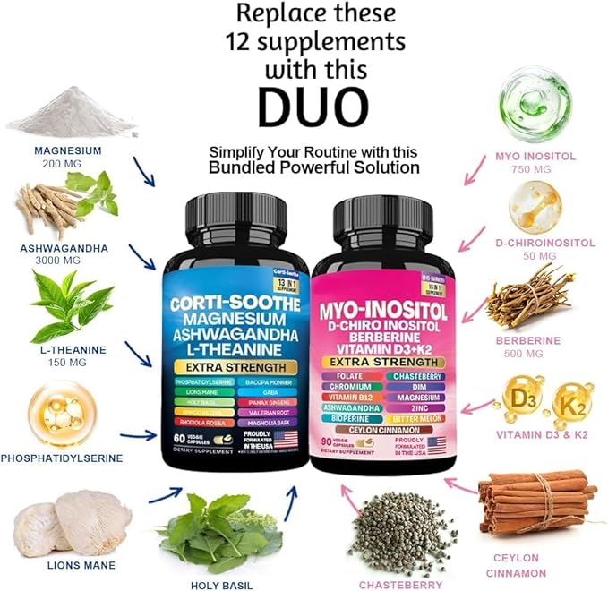 ALongDeng Soothe-Smooth Bundle,Soothe & Smooth Bundle Multivitamin Combo, Cortisol Support Myo-Inositol Multivitamin Combo with Magnesium Glycinate, Ashwagandha, L-Theanine & Herbal Blend - D-StrideForce Fitness
