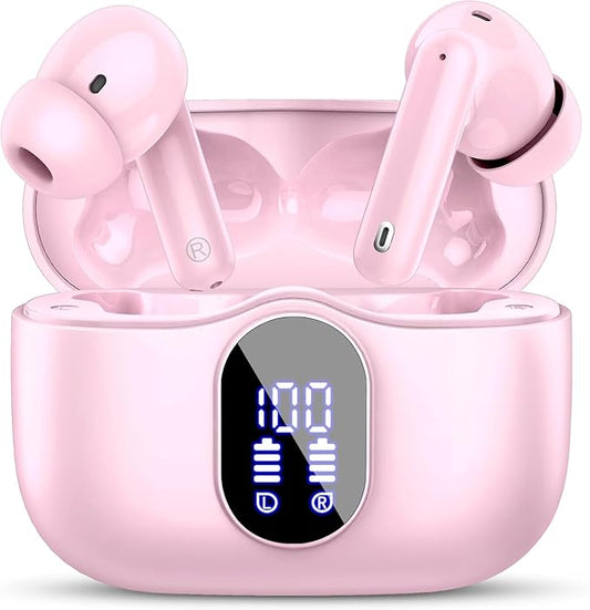 Wireless Earbuds, Bluetooth 5.4 Headphones Bass Stereo, Ear Buds with Noise Cancelling Mic, IP7 Waterproof in Ear Earphones, 36H LED Display Bluetooth Earbuds for Laptop Pad Phones Sports, Pink-StrideForce Fitness