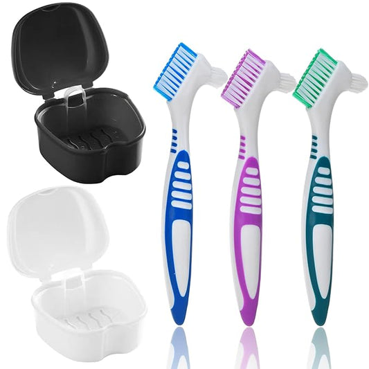 5PCS Denture Bath Case Cup Kit Denture Brush Kit Denture Cleaning Tools with 3 Denture Brushes and 2 Denture Storage Cases with Strainer Basket and Lid, Black and White