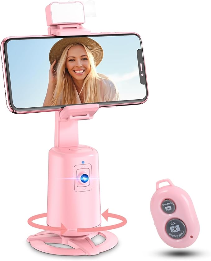 Auto Face Tracking Tripod 360° Rotating Cell Phone Photo and Video Kits Stand, No App, Phone Camera Stand with Remote and Gesture Control for Live Recording Tiktok Pink1-StrideForce Fitness