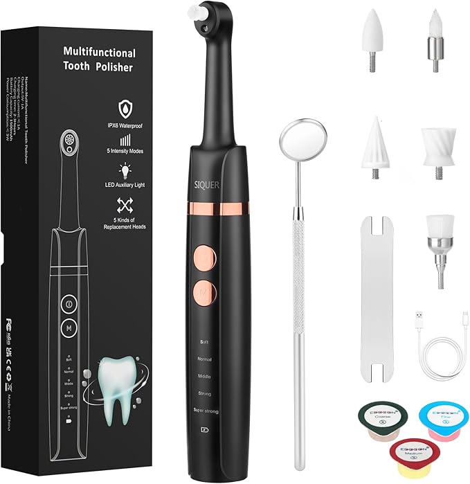 Tooth Polisher - SIQUER Plaque Remover for Teeth Whitening Dental Tools Electric Tartar Polishing Teeth Cleaning Kit with LED Light 5 Speed Modes with 5 Replacement Brush Heads (Black)