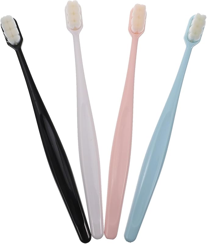 Soft Bristle Manual Toothbrush 4pcs for Adults, Extra Fine Filaments, Multi-Color Pack (White, Black, Pink, Blue) Oral Care Tool for Sensitive Gums and Daily Use