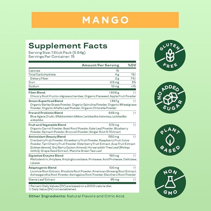 Bloom Nutrition Superfood Greens Powder Stick Packs, Digestive Enzymes with Probiotics and Prebiotics, Gut Health, Bloating Relief for Women, Chlorella, Green Juice Mix, 15 SVG, Mango-StrideForce Fitness