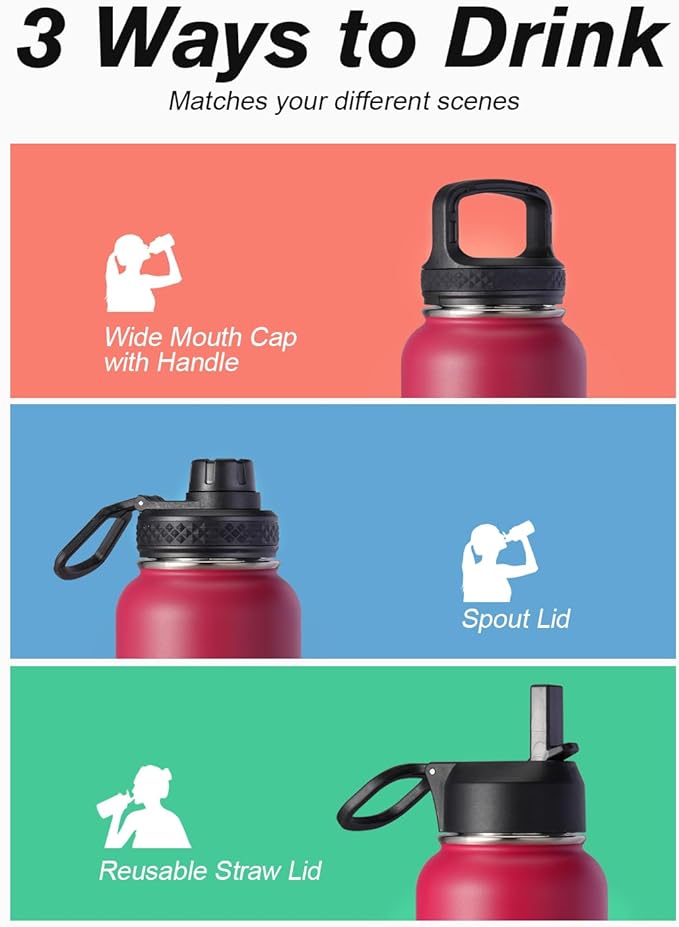 Water Bottle 40 oz Insulated with Straw&Brush, Coolflask Vaccum Stainless Steel Metal 3 Lids Water Flask for Sports, Gym or Office, Keep Cold 48H Hot 24H, Ombre Wine/Navy-StrideForce Fitness