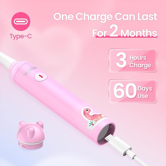 YUNCHI K5 Kids Electric Toothbrush Rechargeable with Waterproof Stickers, 3 Modes with 2 Minutes Timer, Toddler Children Sonic Toothbrush for Girls Ages 3-12, 4 Replacement Heads Soft Bristles, Pink