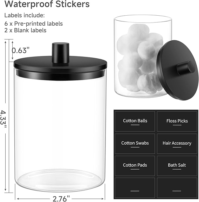 TIPGO Glass Qtip Holder Dispenser - 10 oz Clear Canister Apothecary Jar, Bathroom Vanity Storage Organizer Set for Cotton Swabs, Pads, Floss Picks, Small Containers for Makeup Storage (4 Pack, Black)