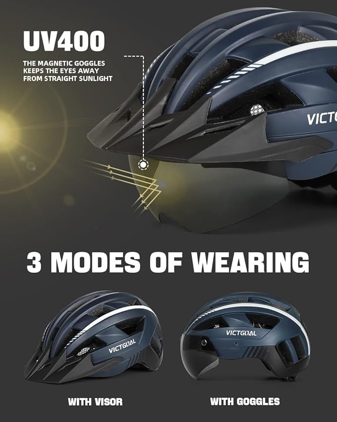 VICTGOAL Bike Helmet for Men Women with Led Light Detachable Magnetic Goggles Removable Sun Visor Mountain & Road Bicycle Helmets Adjustable Size Adult Cycling Helmets-StrideForce Fitness