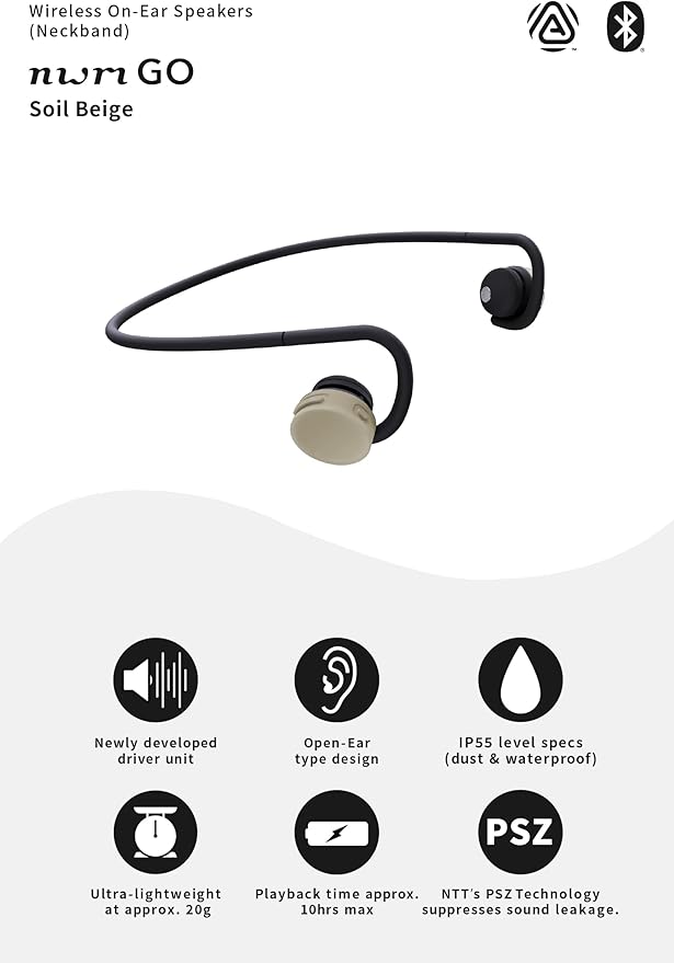 nwm GO Wireless On-Ear Speakers (Open Ear Earphones) Sound Leakage suppressed (PSZ Technology - Bone Conduction Alternative) Designed in Japan | Soil Beige-StrideForce Fitness