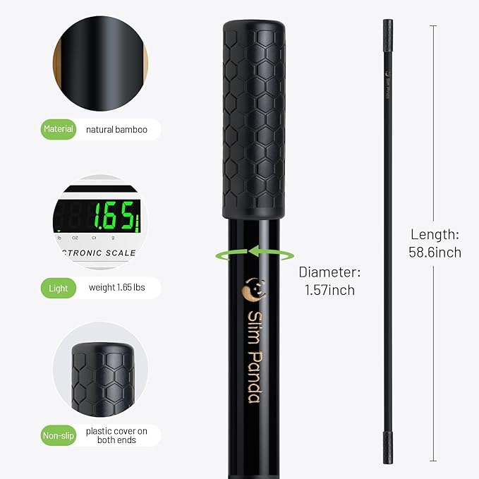 Slim Panda Yoga Stick, 5ft Natural Bamboo Stick with Rubber Ends, Exercise Stretching Stick for Yoga, Stretching, Balance and Correcting Posture, Rehabilitation Physical Therapy Aids-StrideForce Fitness
