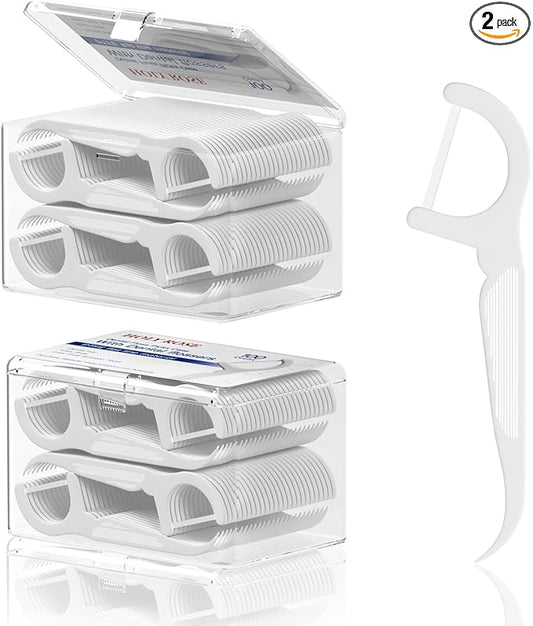 Holy Rose Dental Floss Case with 100 Floss Picks -2 Box 200 Count Flossers- Flat Line Design - Portable and Hygienic Oral Care Dispenser Set for Teeth and Gums - Dental Cleaning Tool.