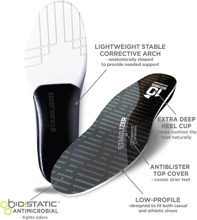 10 Seconds Stabilizer Insole, Medium Corrective Arch, Soft Support, Designed for Instability and Low-Profile Footwear, Deep Heel Cup, Anti Odor and Blister Topper (M 9.5/10.5, W12)-StrideForce Fitness