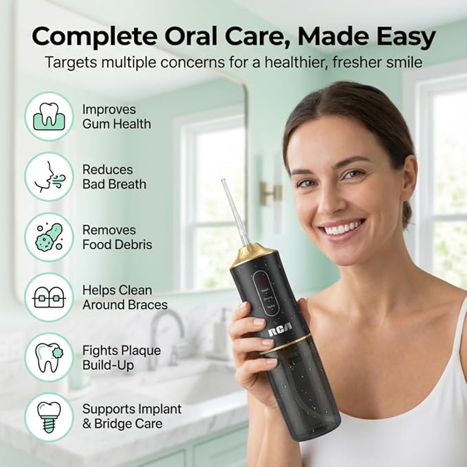 RCA Portable Water Flosser for Teeth & Gums – Cordless Rechargeable Oral Irrigator with 3 Pressure Levels, 4 Jet Tips & USB Tank – Travel Water Flosser for Teeth Cleaning (Black)