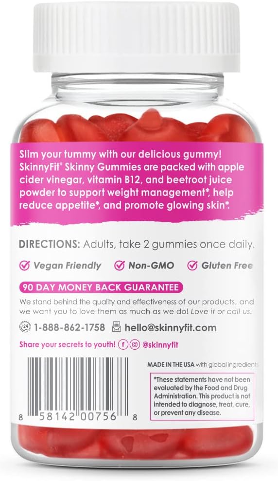 SkinnyFit Skinny Gummies Apple Cider Vinegar Gummies w/ The Mother, Healthy Weight, Immune Support, Vitamin B9, B12, Beetroot, Pomegranate, Vegan-Friendly, 60 Count-StrideForce Fitness