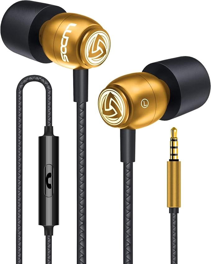 LUDOS Clamor Wired Earbuds in-Ear Headphones, 5 Years Warranty, Earphones with Microphone, Noise Isolating Ear Buds, Memory Foam for iPhone, Samsung, School Students, Kids, Women, Small Ears - Gold-StrideForce Fitness