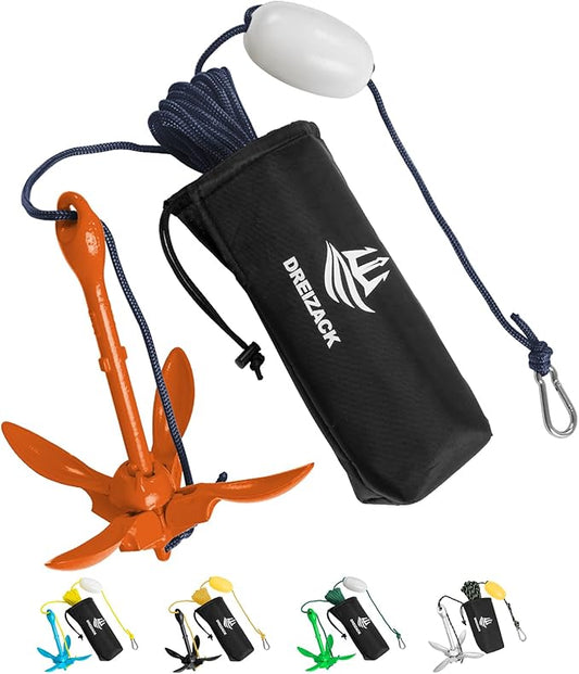 Dreizack Kayak Anchor Kit, 3.5 lb Folding Grapnel Boat Anchor Trolley Accessories with 40ft Rope and PVC Buoy for Fishing Kayaks SUP Paddle Boards Canoes Jet Ski PWC Inflatable Small Boats-StrideForce Fitness