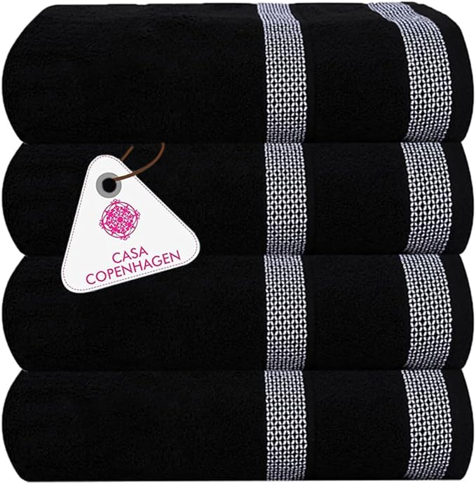 CASA COPENHAGEN Solitaire Towels, 4 Pieces Bath Towel Set- Black, 600 GSM Designed in Denmark Made of Soft Egyptian Cotton for Bathroom, Kitchen & Shower-StrideForce Fitness