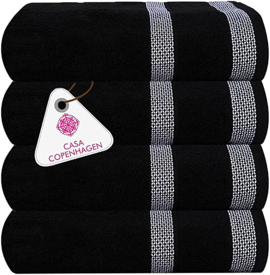 CASA COPENHAGEN Solitaire Towels, 4 Pieces Bath Towel Set- Black, 600 GSM Designed in Denmark Made of Soft Egyptian Cotton for Bathroom, Kitchen & Shower-StrideForce Fitness