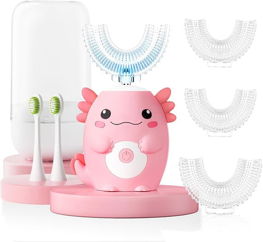 Kids Electric U Shaped Toothbrush - Axolotl Kids Rechargeable Sonic Toothbrush with 6 Brush Heads Full Mouth 6 Cleaning Modes - Age2-15 Pink