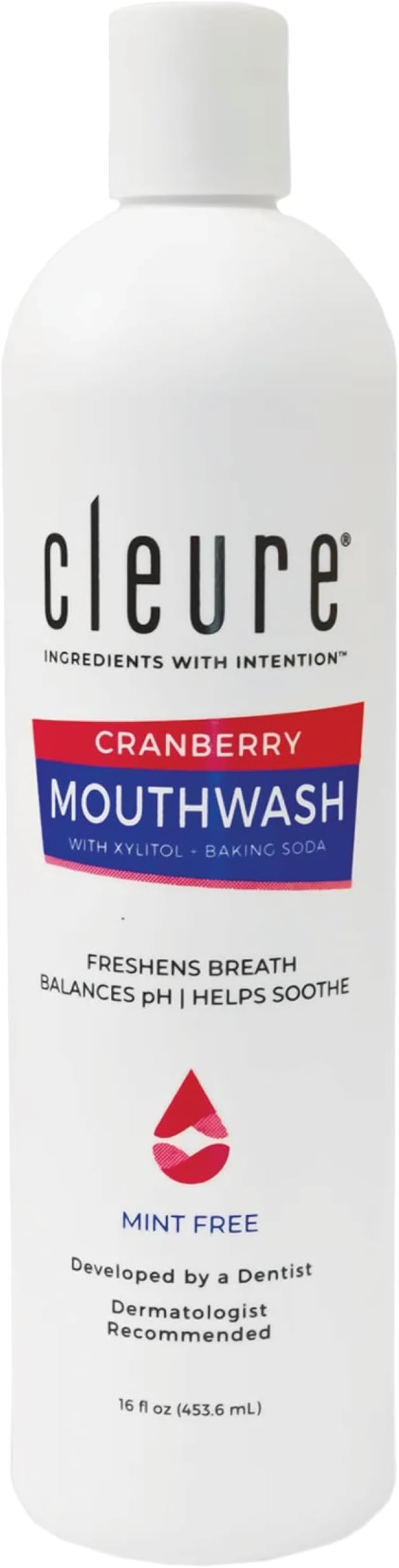 Cleure Alcohol Free Mouthwash with Xylitol & Baking Soda - Gentle Fluoride Free Mouth Wash for Adults & Kids - Cranberry (16 oz, Pack of 1)