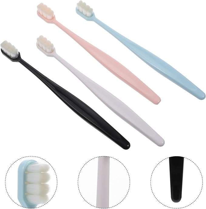 Soft Bristle Manual Toothbrush 4pcs for Adults, Extra Fine Filaments, Multi-Color Pack (White, Black, Pink, Blue) Oral Care Tool for Sensitive Gums and Daily Use
