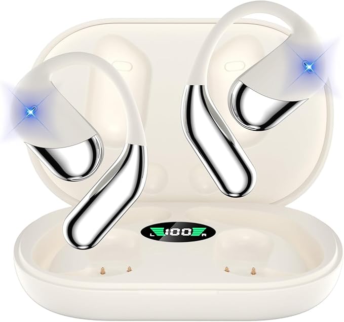 Open Ear Clip Wireless Earbuds Bone Conduction Headphones, Bluetooth 5.4, Open Ear Design, Built-in Mic, IPX7 Waterproof, LED Display Charging Case,Ear Hooks Ear Buds,Design for Running Walking-StrideForce Fitness