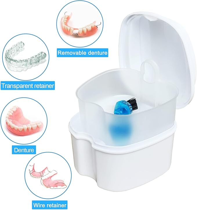 Denture Soaking Box Orthodontic Retainer Bath Case with Strainer Basket, False Teeth Container Dental Denture Bath Box Case Cup for Travel Cleaning - White
