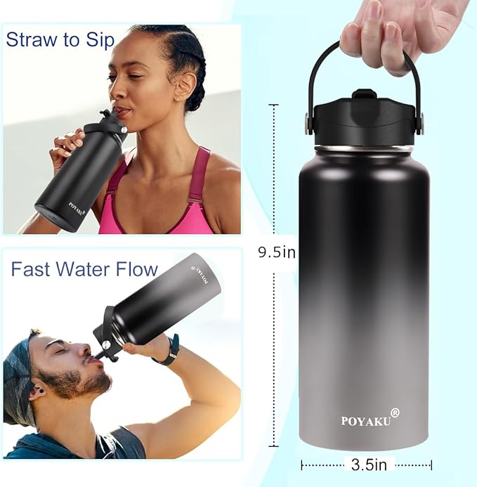 Water Bottle Insulated 32oz 40oz 64oz 128oz Straw Lid Spout Lid & 3 Lids, Leak Proof, Vacuum Insulated,Stainless Steel Water Bottle Wide Mouth for Sports, Gym or Office-StrideForce Fitness