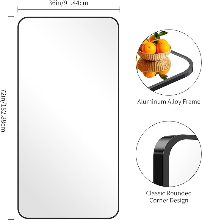 FORBATH Large Bathroom Mirror 72x36 Inches, Black Oversized Wall Mirror for 2 Sinks Aluminum Frame Full Length Rounded Corner Morndern Mirror for Bathroom Bedroom Entryway Living Room-StrideForce Fitness