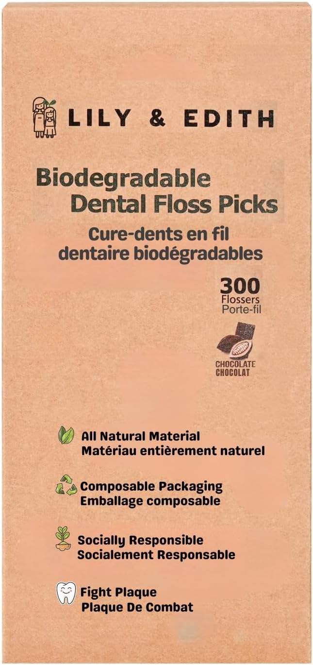LILY & EDITH Biodegradable Dental Floss Picks Adults and Kids 300 Counts, Fluoride-Free, Plant Based Straw Wheat Material, Planet Protector, Zero Waste Package, Shred Resistant (Chocolate)
