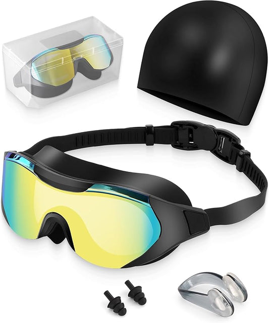 Swim Goggles with Nose Clip, Ear Plugs & Swim Cap, Anti-Fog UV Protection Lens, Leakproof Adjustable Strap for Adult-StrideForce Fitness