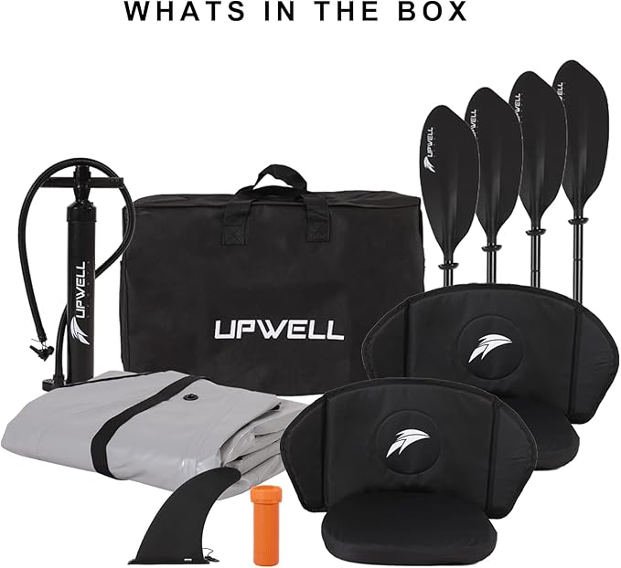 UPWELL 13'6”/11' Inflatable Recreational Kayak - 2 Person with Drop Stitch Floor and Accessories Including Kayak Seats with High Back Support, Paddle, Fin, Repair Kits, Carry Bag and Hand Pump-StrideForce Fitness