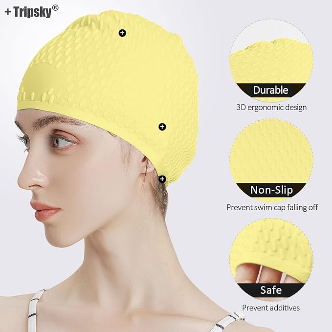 Tripsky Silicone Swim Cap,Comfortable Bathing Cap Ideal for Curly Short Medium Long Hair, Swimming Cap for Women and Men, Shower Caps Keep Hairstyle Unchanged…-StrideForce Fitness