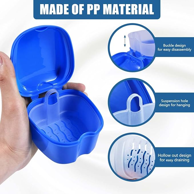 2 Pack Denture Bath Case Cup Box Holder Storage Container with Denture Cleaner Brush Strainer Basket for Travel Cleaning (White and Blue)