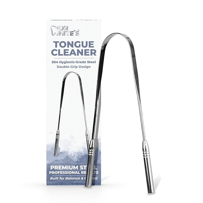 Dr. White’s Precision Tongue Care™ Collection – Dual Grip Tongue Cleaner, Premium 304 Medical-Grade Stainless Steel Tool for Enhanced Control & Daily Oral Care