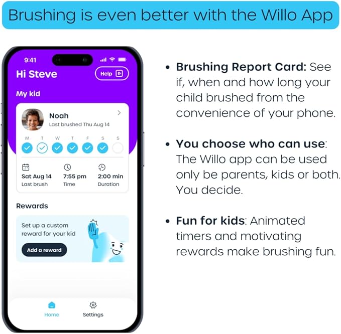 Willo Fully Automatic Kids U-Shaped Electric Toothbrush - 2 Brushing Timers, Deep-Cleans, Consistent Results, Eliminates Brushing Mistakes - Bubble Twist (Medium - Kids Ages 8-11 Years)