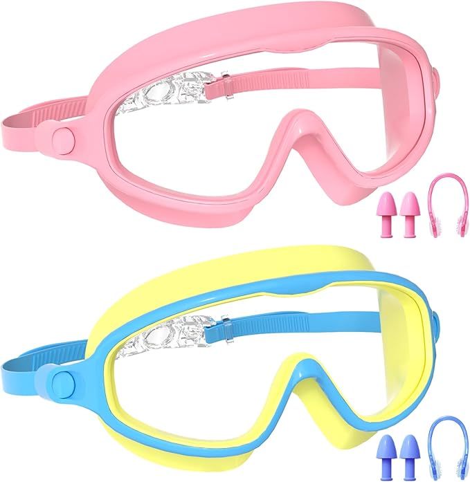 Swim Goggles for Kids 3-15 with Earplugs Large Frame Anti-Fog/UV Swimming Goggles for Boys Girls Toddler 2PCS-StrideForce Fitness