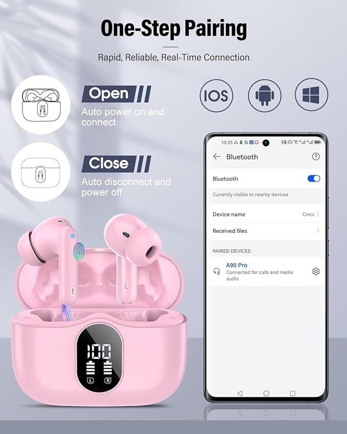 Wireless Earbuds, Bluetooth 5.4 Headphones Bass Stereo, Ear Buds with Noise Cancelling Mic, IP7 Waterproof in Ear Earphones, 36H LED Display Bluetooth Earbuds for Laptop Pad Phones Sports, Pink-StrideForce Fitness