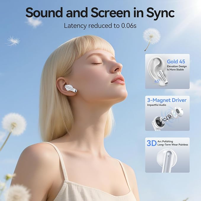 Wireless Earbuds, 2025 Bluetooth 5.3 Headphones HiFi Stereo 50H Playback Ear Buds with Led Digital Display, ENC Noise Cancelling Earbuds for Laptop Computer, iOS, Android, White-StrideForce Fitness