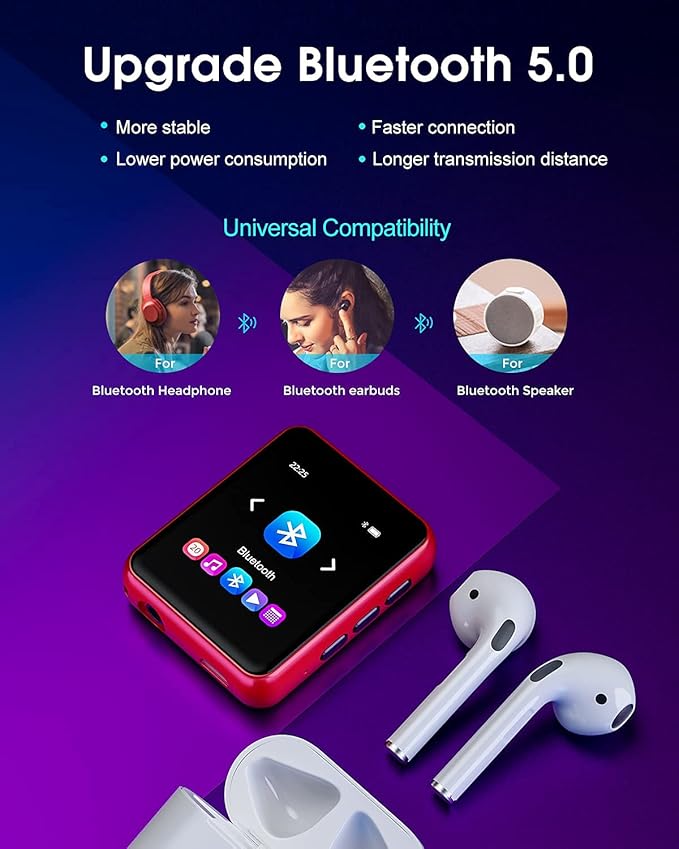 MP3 Player Bluetooth 5.3 Full Touch Screen Color Screen Mini MP3 Player, HiFi Lossless Music Player with Speakers, FM Radio, Recording, Support up to 128GB (red)-StrideForce Fitness