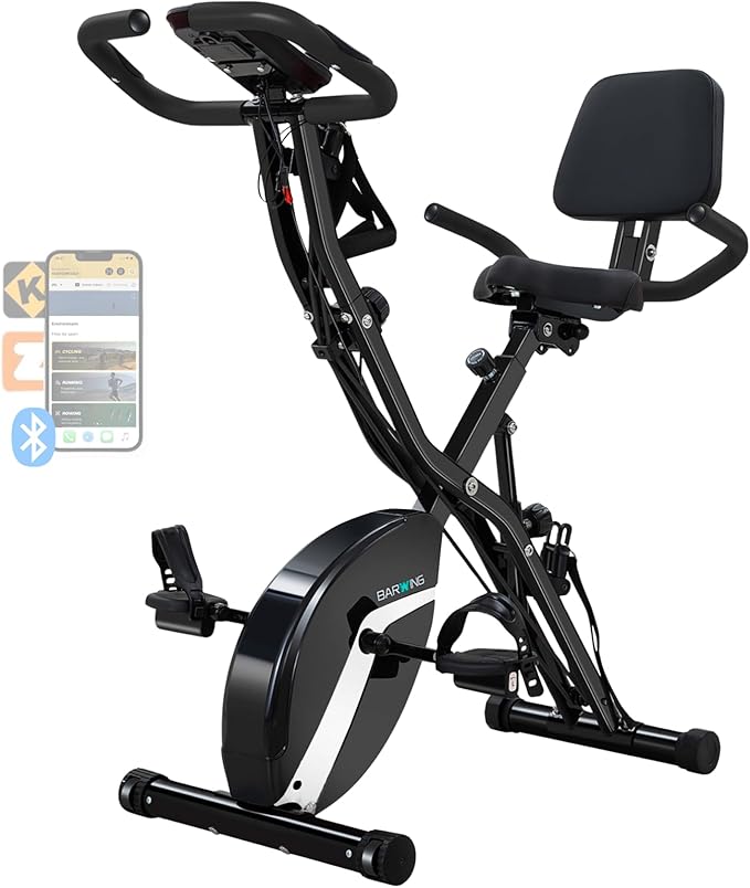 BARWING Stationary Exercise Bike for Home Workout, 5 IN 1 Foldable Indoor Cycling Bike for Seniors, 350LB Capacity, 16-Level Magnetic Resistance, Seat Backrest Adjustments-StrideForce Fitness