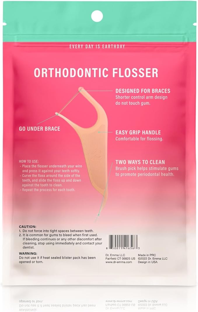 Dr. Emma Orthodontic Flossers for Braces, Ortho Dental Floss Picks, Mint Flavor 60 Count/Bag, Pink, 1 Pack