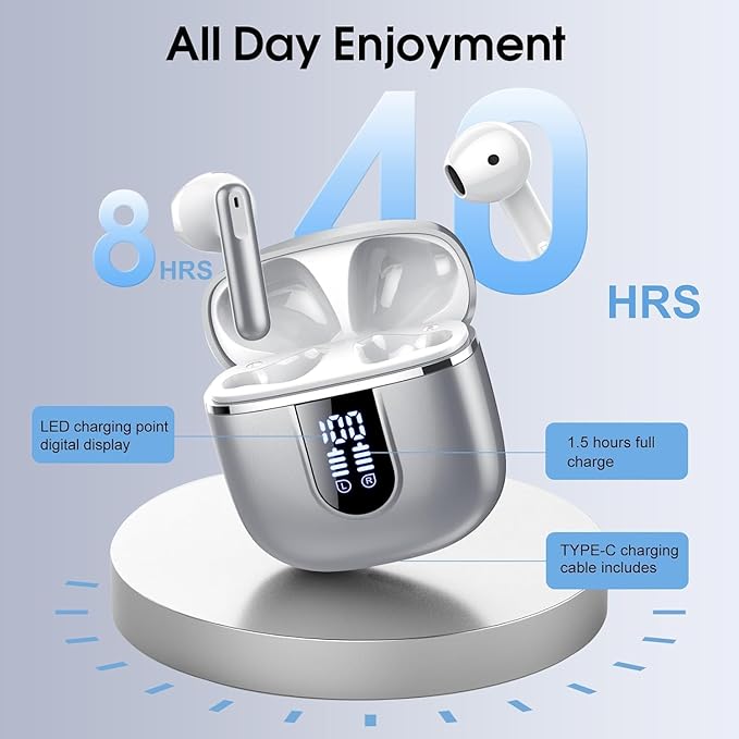 Wireless Earbuds, Bluetooth 5.4 Headphones with 3D Bass Stereo, 40H Ultralight in-Ear Buds, Bluetooth Earbuds with 4 ENC Noise Cancelling Mic, USB-C, IP7 Waterproof Earphones for Android iOS, Sillver-StrideForce Fitness