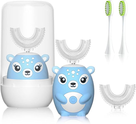 Kids Electric Toothbrushs U Shaped sonic Automatic Toothbrush with 4 Brush Heads, Six Cleaning Modes,Cartoon deer Modeling , full mouth toothbrush for baby