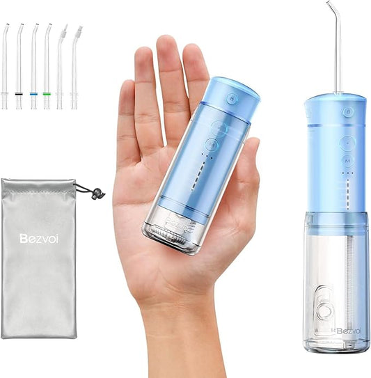 Water Flosser Mini Cordless Portable: 5 Modes Water Dental Floss with Telescopic Water Tank, 6 Tips, IPX7 Waterproof Oral Irrigator for Teeth Cleaning Gums,Orthodontic,Braces Dental Care (Sky Blue)